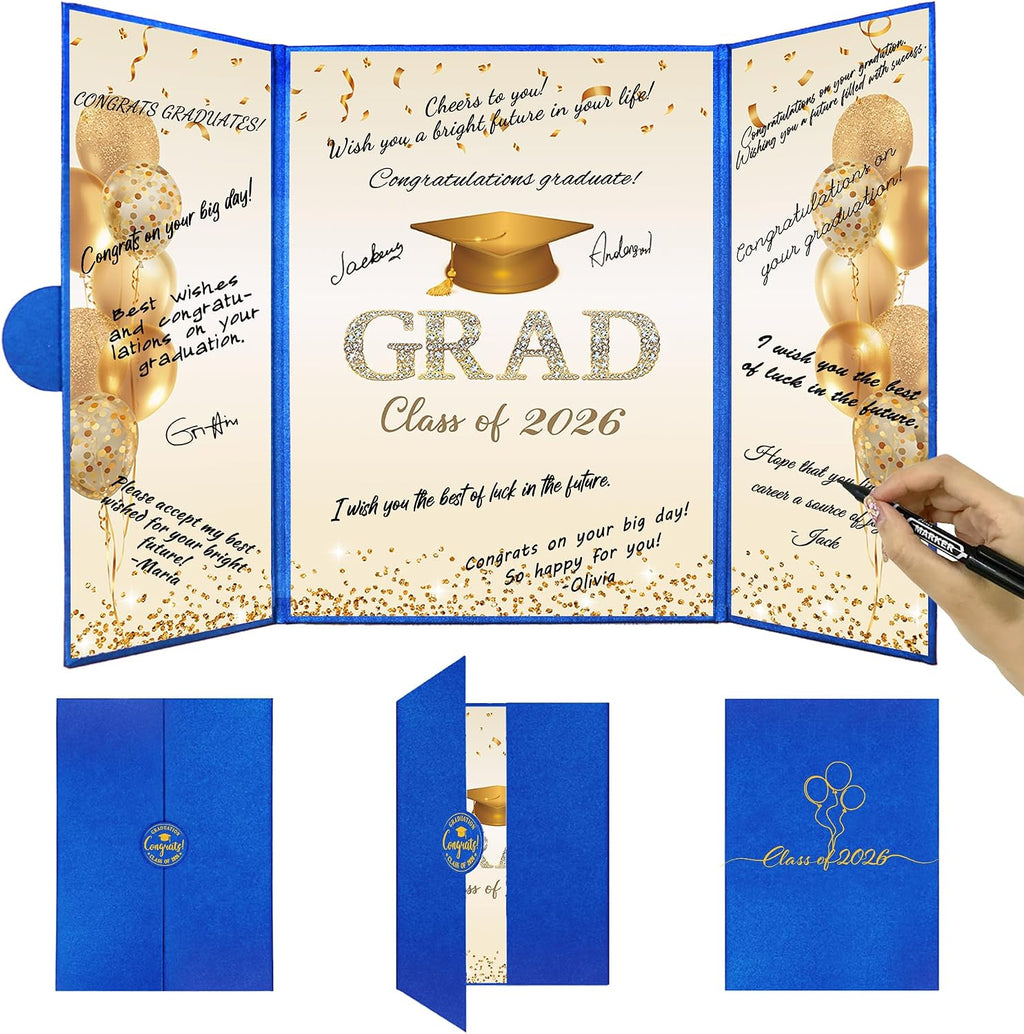 DARUNAXY Blue Gold Graduation Party Decorations, Blue Class of 2026 Congratulations Graduates Alternative Signature Guest Book for Men Happy Graduation Gifts Congrats Grad Party Signing Card Board