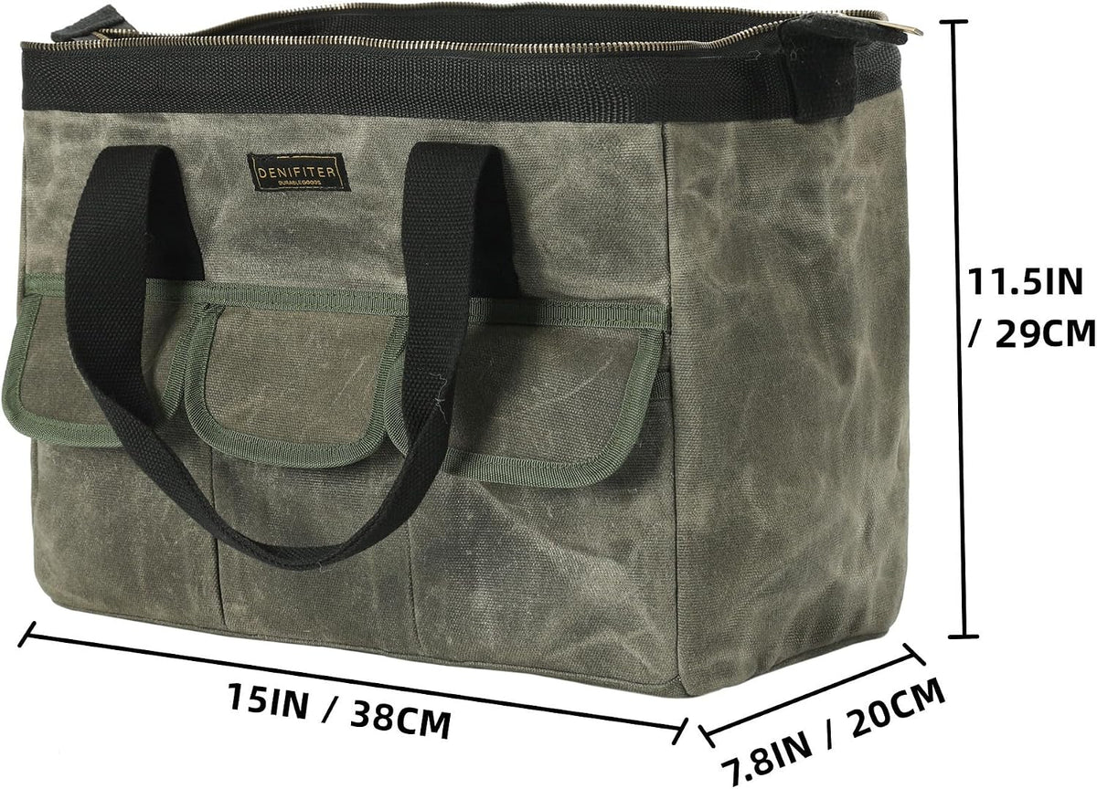 15 Inch Tool Bag, Heavy Duty Waxed Canvas Wide Mouth Water-Resistant Tool Pou...
