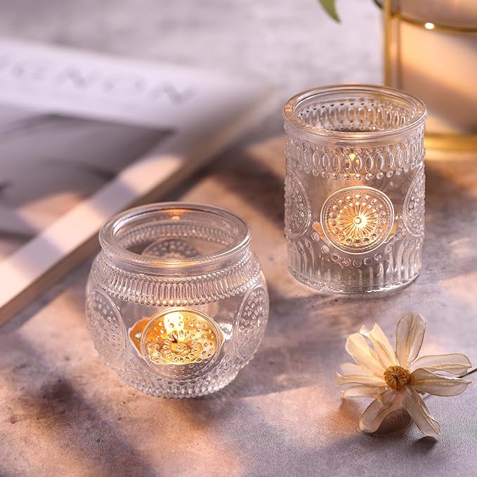 DARJEN 24Pcs Clear Votive Candle Holders - Glass Tea Light Candle Holder, Candle Holders Bulk, Embossed Candle Votives for Wedding Centerpiece & Home Decor