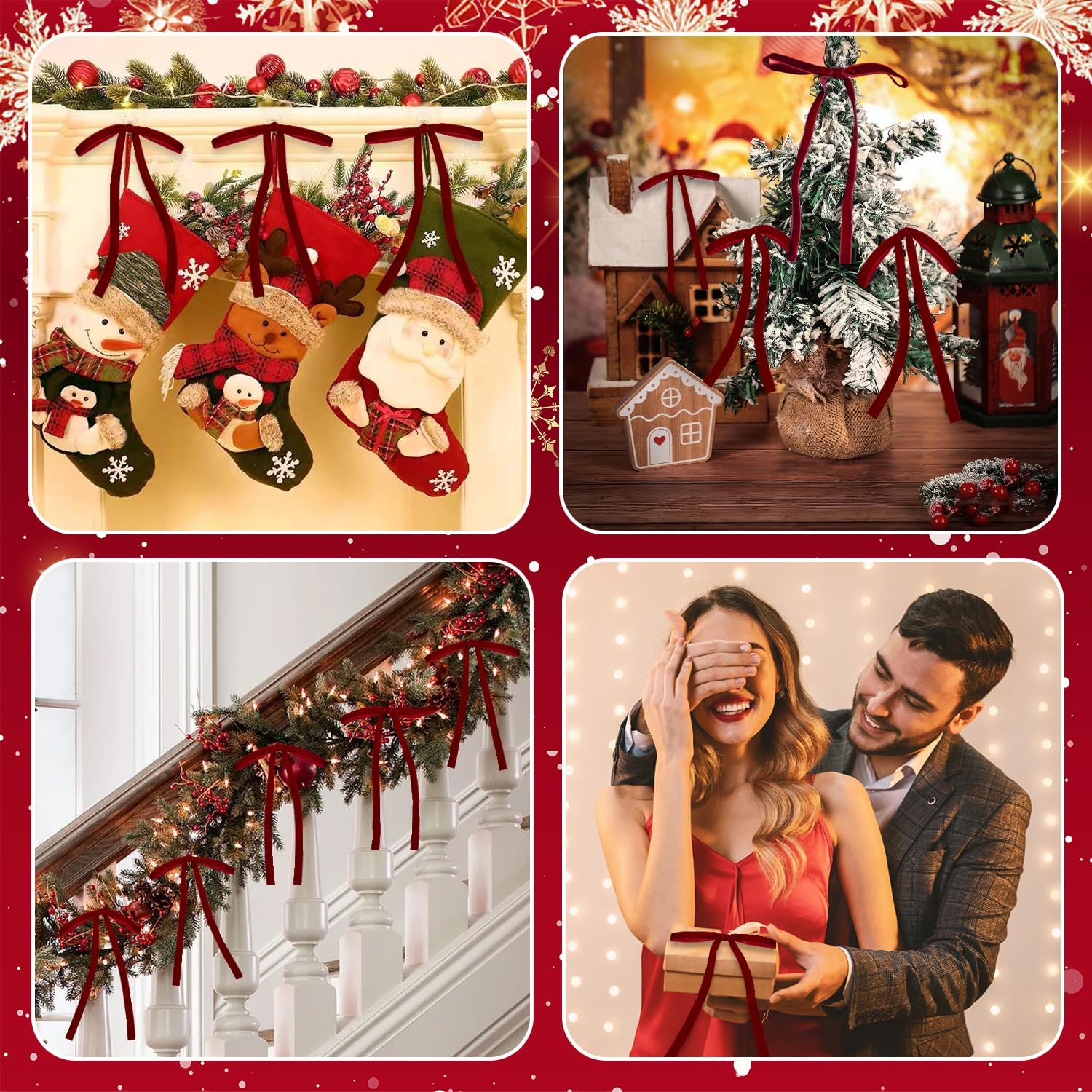 24 Pcs Burgundy/Wine Dark Red Velvet Bows Ornaments for Christmas Tree, Vintage Velvet Christmas Bows Tree Decorations, Indoor Home Decor for Wreath Mantle Gift Wrap Holiday Decor, 3/8'' W, 5 * 7 inch