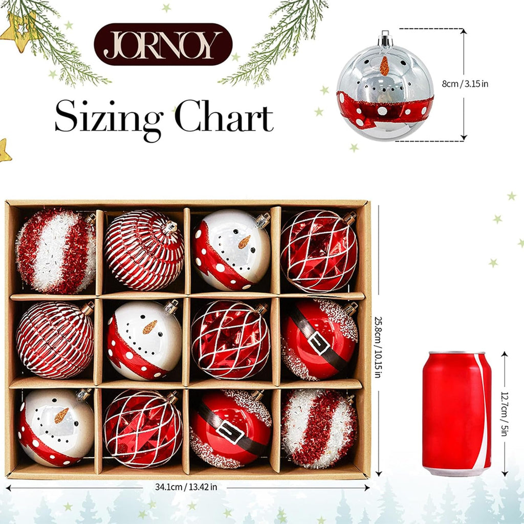 JORNOY Christmas Tree Ornaments Set of 12, 3.15inch/80MM Shatterproof Plastic Xmas Tree Ball Ornaments Bulk Decorative Hanging Baubles for Xmas Tree Decor Holiday Party Decorations, Red & White