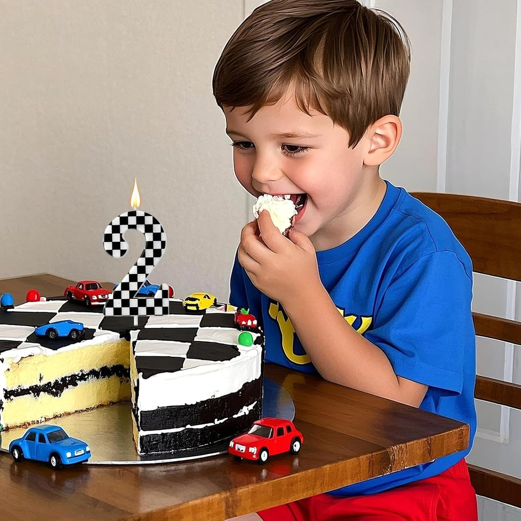 Racing Cars Themed Birthday Candle, Checkered Flag Number Candles Black and White Candles Happy Birthday Cake Topper Party Decorations for Boys Racing Cars Themed Party Supplies (Number 2)