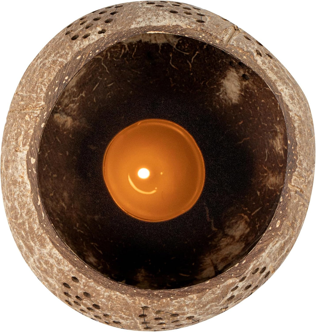 Restaurantware-Coco Casa 4 x 3.3 Inch Coconut Shell Candle Holders, 1 Reusable Tealight Holders - Candle Not Included, Leaf Pattern, Brown Coconut Bowls For Candles, Handcrafted