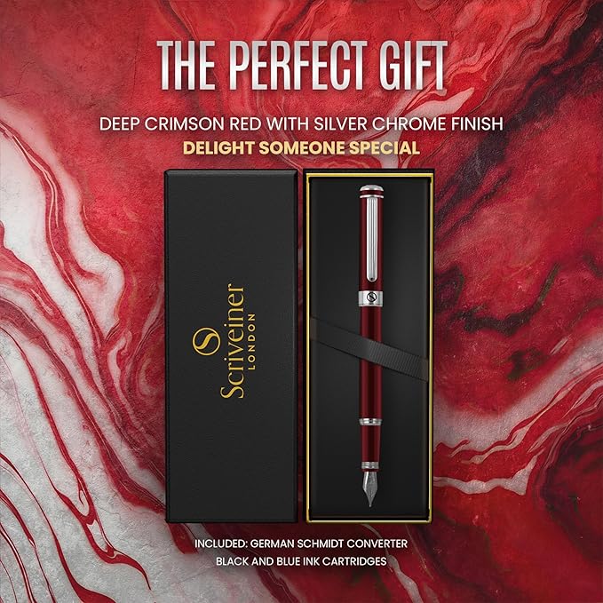 Scriveiner Deep Crimson Red Fountain Pen - Stunning Luxury Pen with Chrome Finish, Schmidt Nib (Fine), Best Pen Gift Set for Men & Women, Professional, Executive, Office, Nice Pens
