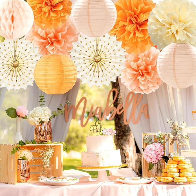 Beige-Orange Peach Fall Party-Decorations Paper-Lanterns- 14pcs Autumn Thanksgiving Harvest Birthday Boho Streamers Fan,Tissue Pom Poms, Baby Bridal Shower Wedding Engagement Decor Lasting Surprise