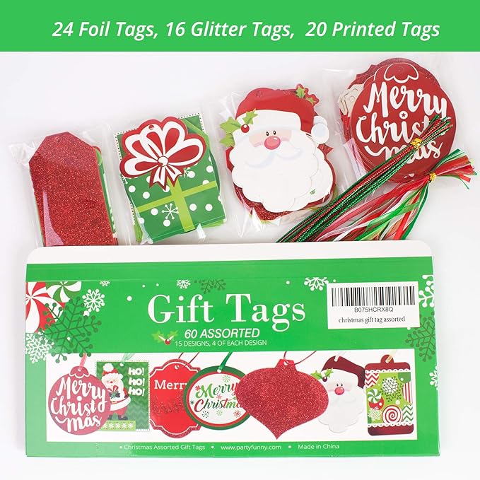Christmas Gift Tags 60 Count with Untied String (15 Assorted Glitter, Foil, Printed Designs for DIY Xmas Present Wrap and Label Package Name Card)