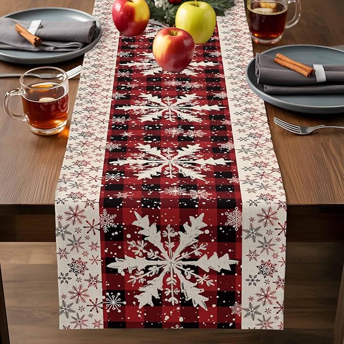 Buffalo Plaid Christmas Cotton Linen Table Runner for Dining Kitchen, Snowflake Red Black Check Wedding Outdoor Party Tablerunner Decoration, Retro Dresser Scarf Coffee Tablecloth Runners 13x48 Inches