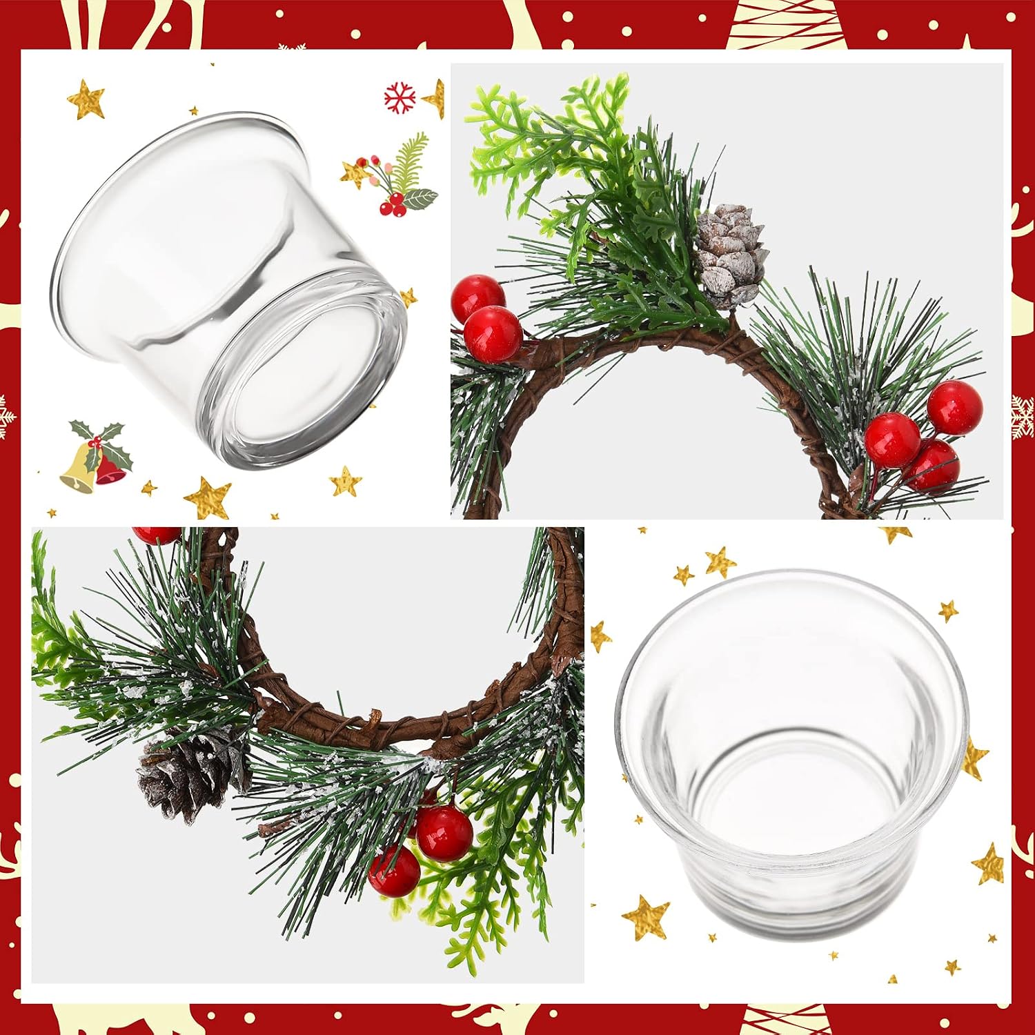 Dingion 12 Pcs Christmas Votive Candle Holder Set Xmas Table Centerpiece with Christmas Berry Candle Ring Decorative Glass Tealight Holder for Wedding Christian Church Xmas Holiday Table Decoration
