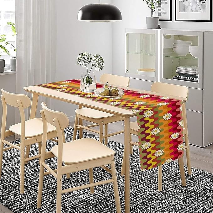 Vintage Floral Table Runner,60s 70s Colorful Retro Abstract Hippie Print Table Runner for Kitchen Dining Table Home Party Decoration 13x90 Inch