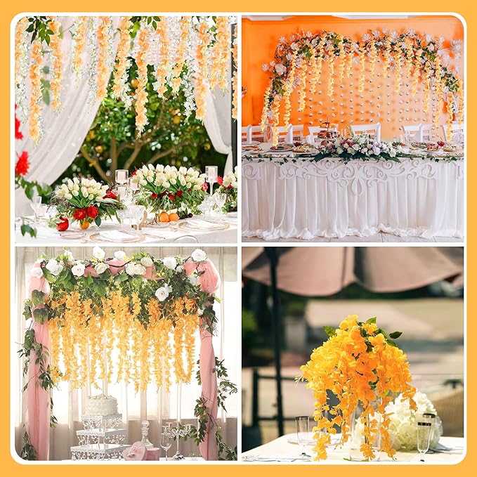 24 Pack Orange Wisteria Hanging Flowers Garland, 3.77 Feet Artificial Flower Vines, Fake Wisteria, Artificial Vines Hanging Garland for Backdrop Outdoor Yard Garden Decor