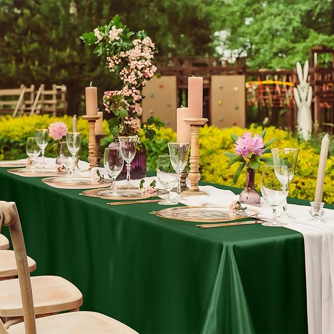 TURSTIN 1 Packs Dark Green Satin Tablecloth 102 x 58 Inch Overlay Satin Table Cover Rectangle Bright Silk Tablecloth Smooth Fabric Table Decoration for Wedding Banquet Party Events
