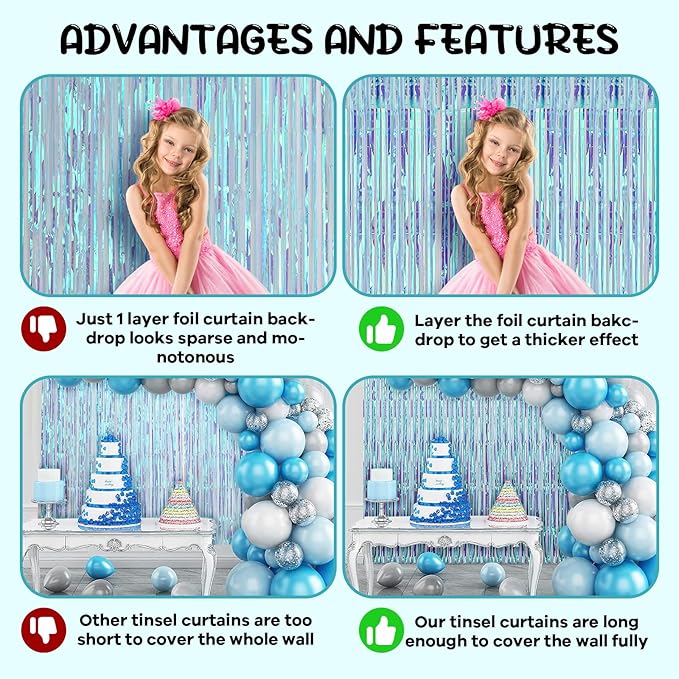 2 Pack 3.3x8.2 Feet Neon Iridescent Foil Fringe Backdrop Curtains, Tinsel Streamers Birthday Party Decorations, Fringe Backdrop for Graduation, Baby Shower, Gender Reveal, Disco Party