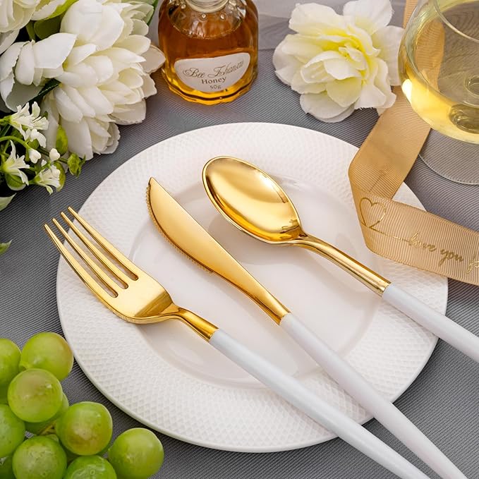 SUT Gold Plastic Silverware, 160Pcs Gold Utensils Set Disposable, 80 Gold Plastic Forks, 40 Gold Knives, 40 Gold Spoons, Gold Plastic Cutlery for Parties, Dinners, Weddings(White Gold)