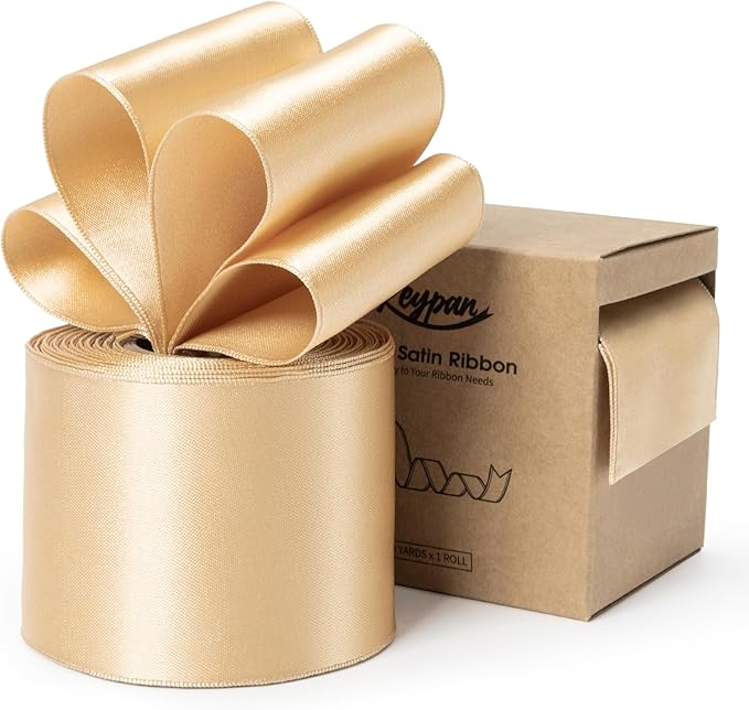 Champagne Gold Satin Ribbon Double-Faced Wired Ribbons for Gift Wrapping Flower Bouquet Bows Wedding Invitation Christmas Decor Crafts 2-1/2 Inch 10 Yards