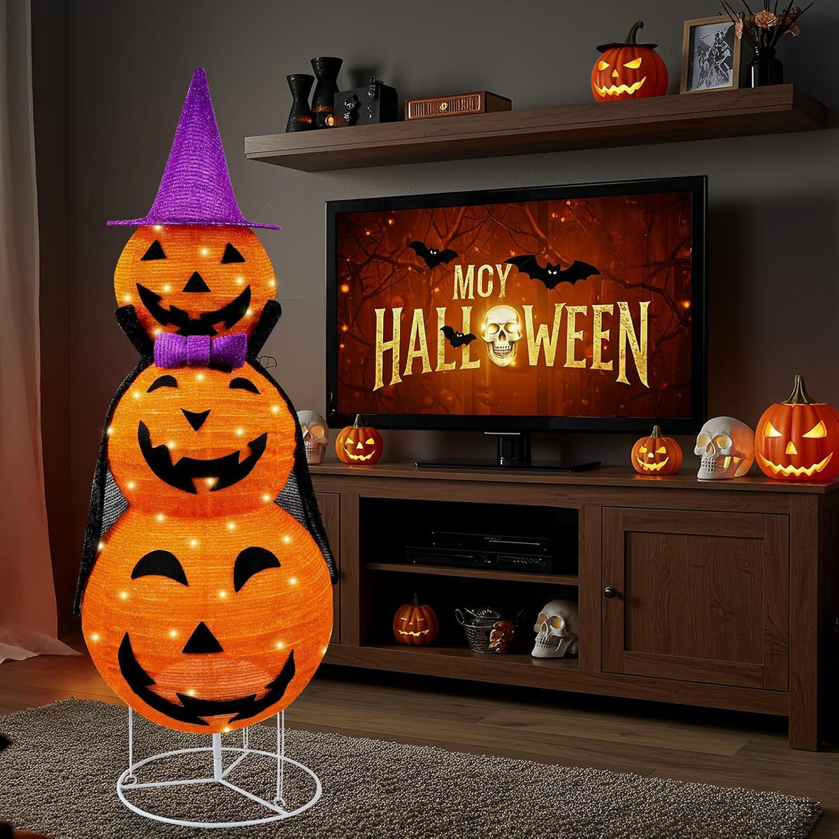Collapsible Light up Pumpkin Halloween Decorations Outdoor, Plastic Pre-lit S...