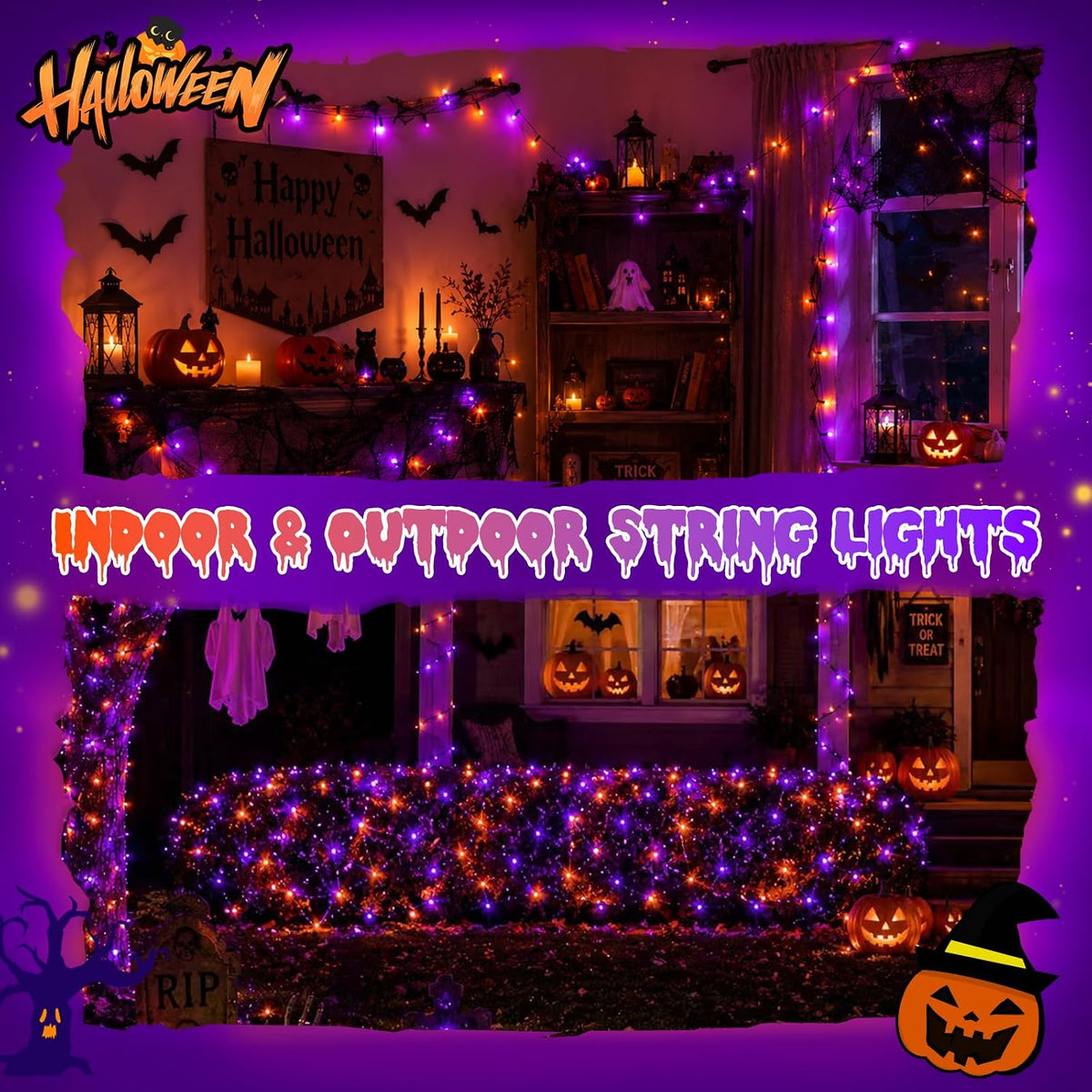 QITONG 165ft 500 LED Orange and Purple Halloween Lights Outdoor Waterproof, S...