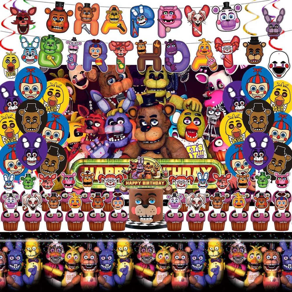 Freddy's Birthday Decorations, Party Supplies Set Include Banner, Backdrop, Balloons, Hanging Swirls, Cake Cupcake Toppers, Tablecloth for Boys Girls Five Nights Theme Party