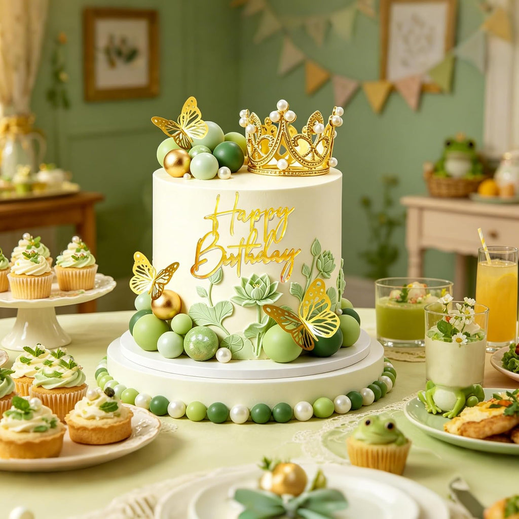 Green Gold Balls Cake Toppers Happy Birthday Crown Tiara Cake Topper Princess Purple Cake Decorations (Green)