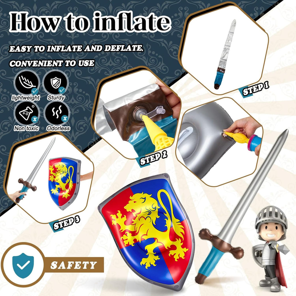 Poen 12 Pcs Inflatable Sword and Shield Knight Party Favors Set Blow up Medieval Sword Shield for Prince Party Favors Decorations Cosplay Accessories (Lion,Dragon)