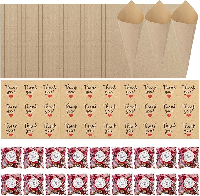 PATIKIL Dried Flower Confetti Cones, 30Pcs Paper Tapers Cone Holder with Dried Rose Petal / Sticker for Wedding Party Engagement Birthday DIY Decoration, Red/Purple
