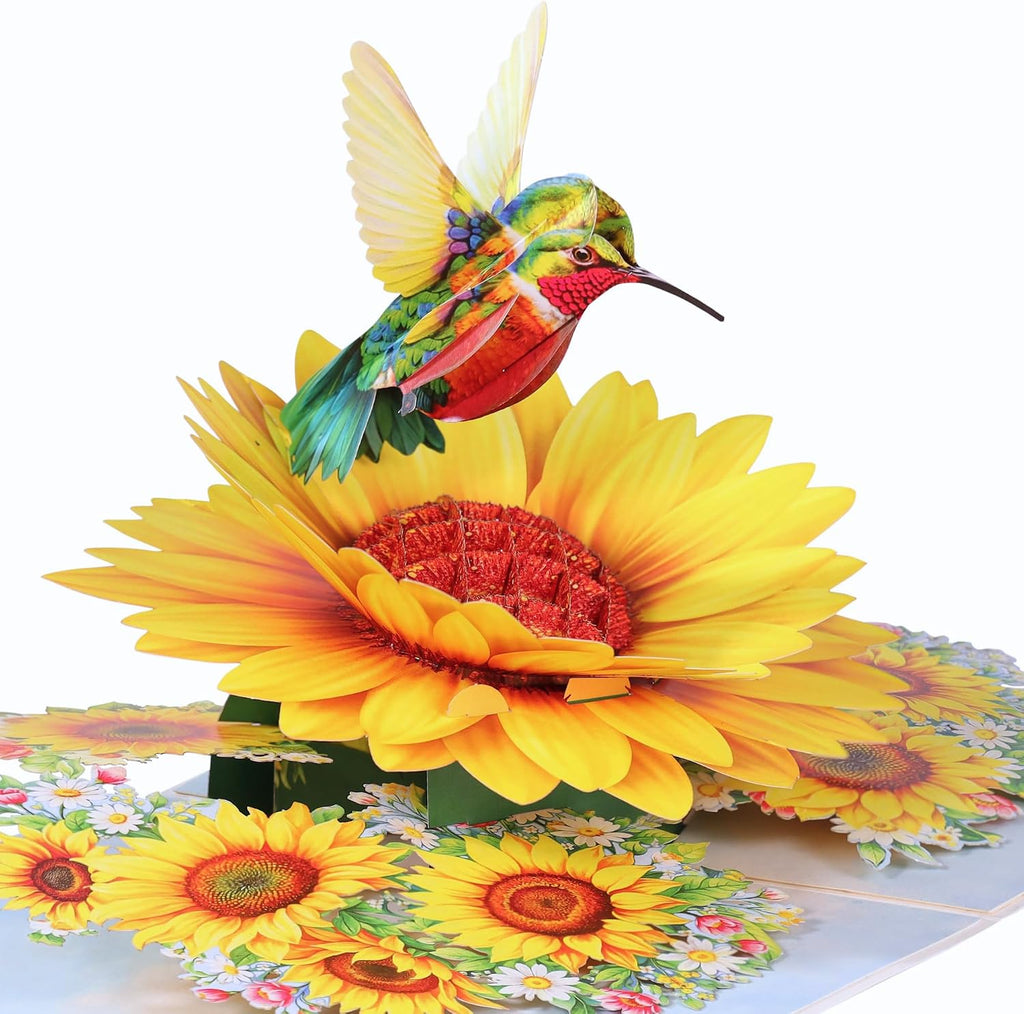 Hummingbird Sunflower Birthday Cards, 3D Pop Up Birthday Card for Women, Mom, Wife, Daughter, Her, Sister, Girlfriend, Grandma, Ideal Gift for Mother's Day, Valentines, Thank You, Get Well, 6x8 in
