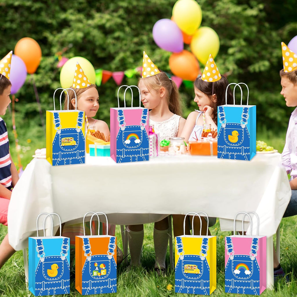 24Pcs English Teacher Party Gift Bags Cartoon Teacher Birthday Party Decorations Supplies Cartoon Girls Fans Treat Bag Rainbow ABC Bus Paper Goodie Bags with Handles for Kids Birthday Classroom Decor