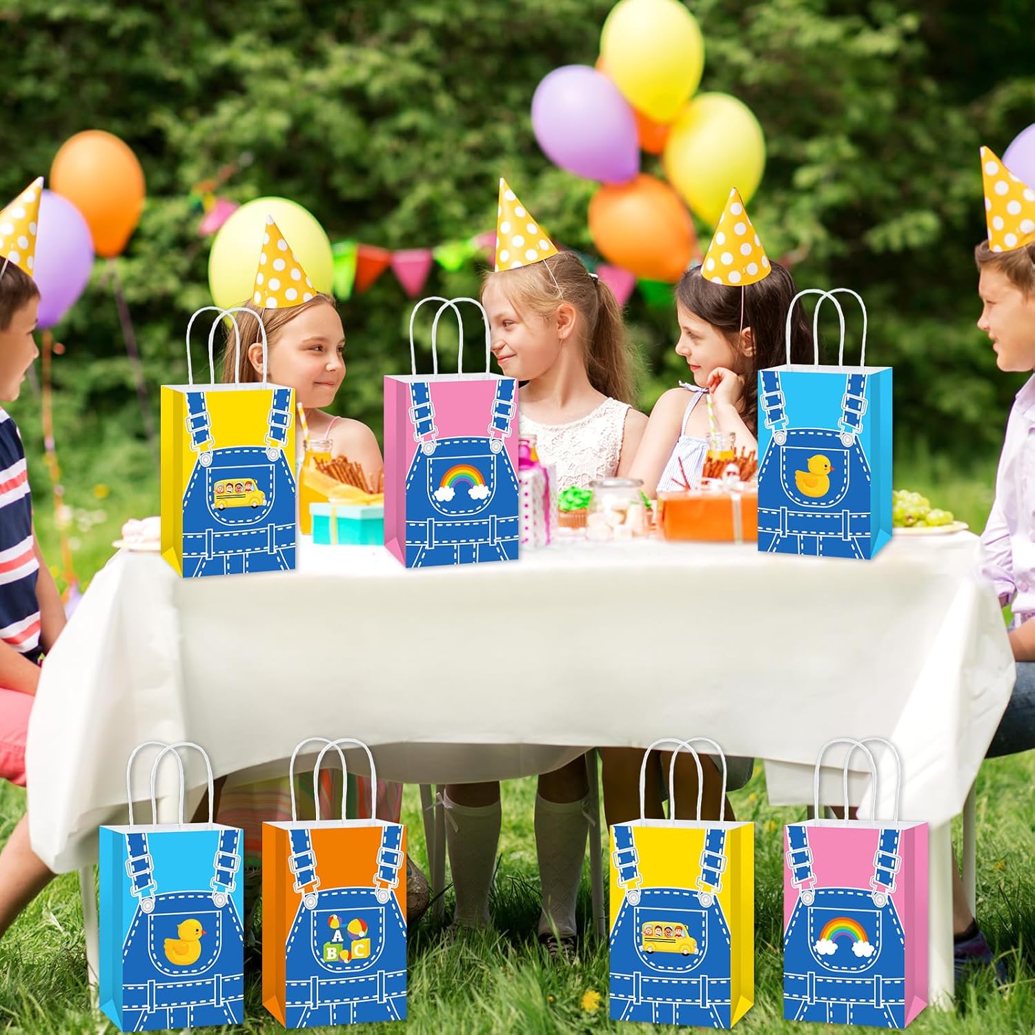 24Pcs English Teacher Party Gift Bags Cartoon Teacher Birthday Party Decorations Supplies Cartoon Girls Fans Treat Bag Rainbow ABC Bus Paper Goodie Bags with Handles for Kids Birthday Classroom Decor