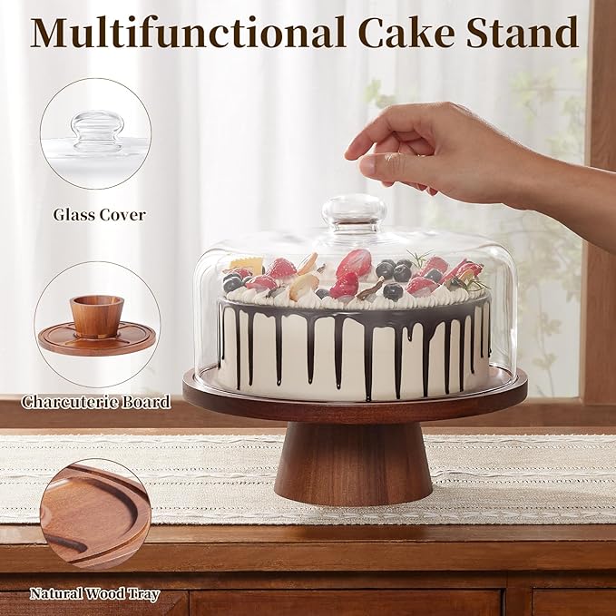 Wooden Cake Stand with Lid, Acacia Cake Stand with Glass Dome, 11-Inch Versatile Dessert Stand with Strong Magnetic Pedestal, Cake Holder for Birthday/Kitchen/Party/Charcuterie