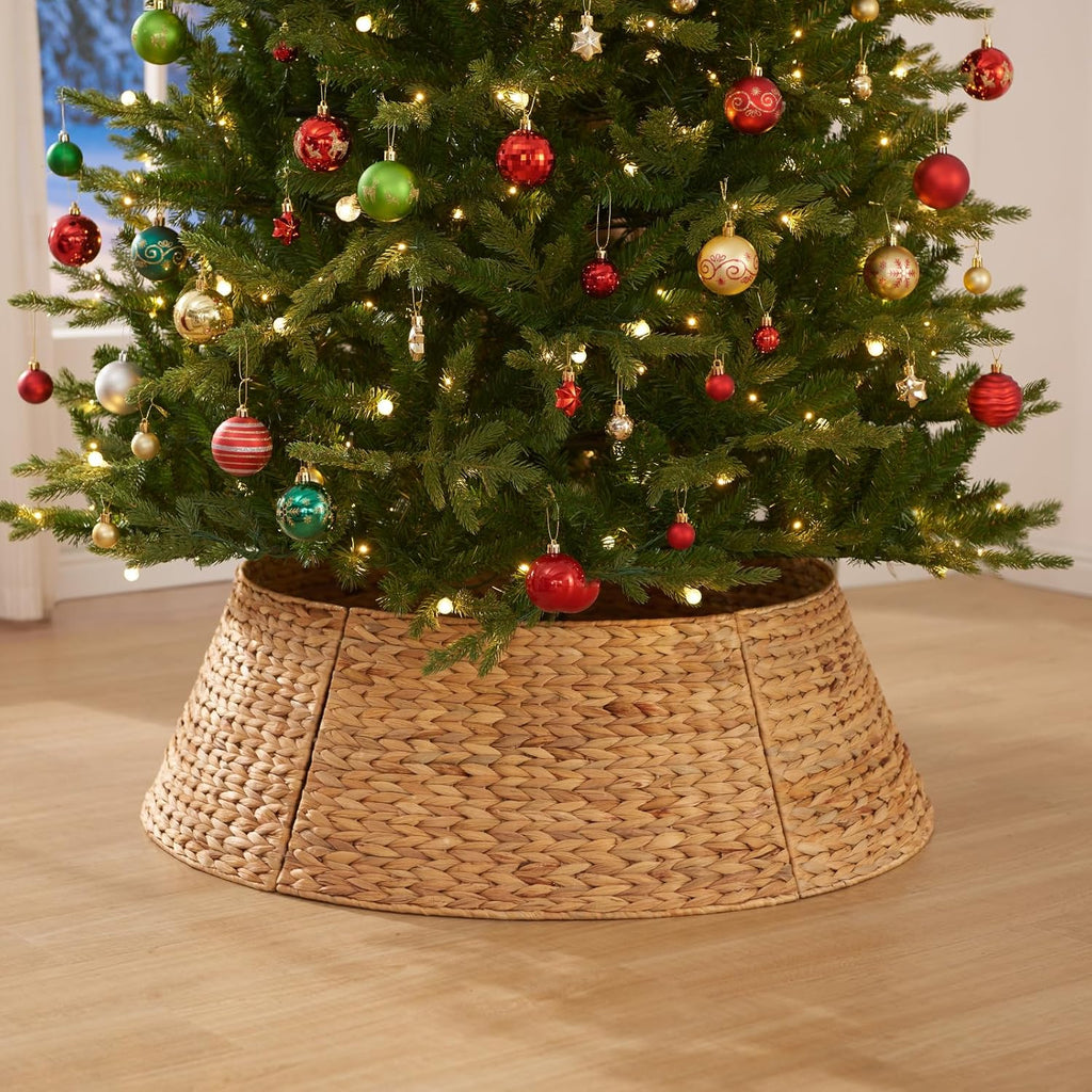 YANGQIHOME 24in Christmas Tree Collar, Rattan Tree Skirt, Woven Water Hyacinth Tree Base Cover for Home Decoration with Cord Cut-Out
