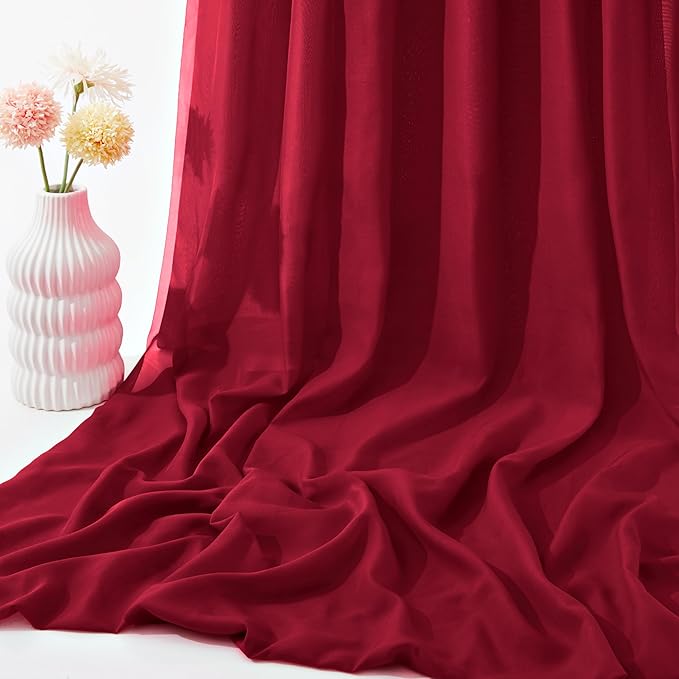 VACVELT Wedding Arch Draping Fabric - Burgundy Chiffon, 1 Panel Sheer Drapes, 30 Inch x 20ft Chiffon Backdrop Curtain, Outdoor Sheer Drapery for Ceremony Party Ceiling