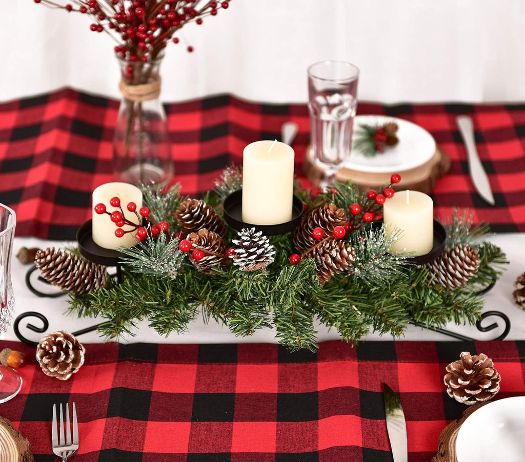 20 Inch Christmas Candle Holder Centerpiece with 3 Candle Holders, Pine Cones, Red Berry Table Accent for Festival Home Decoration