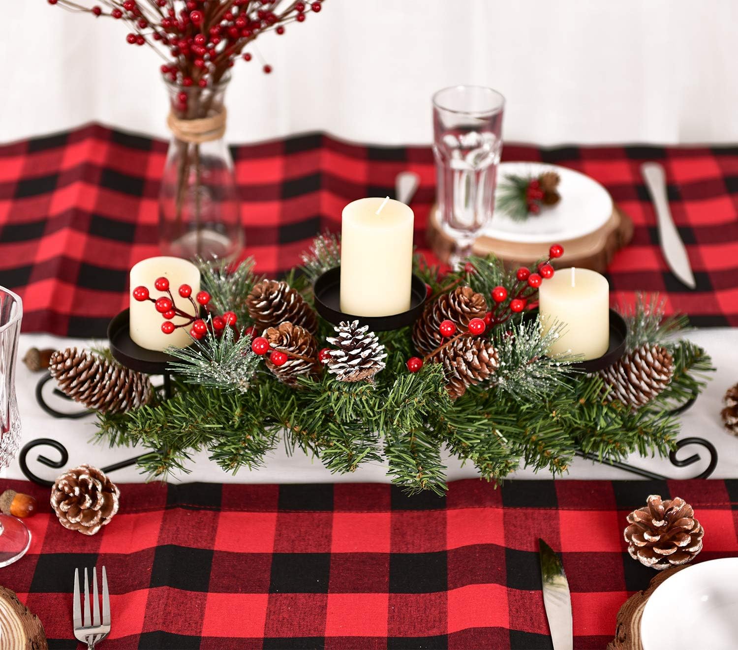 20 Inch Christmas Candle Holder Centerpiece with 3 Candle Holders, Pine Cones, Red Berry Table Accent for Festival Home Decoration