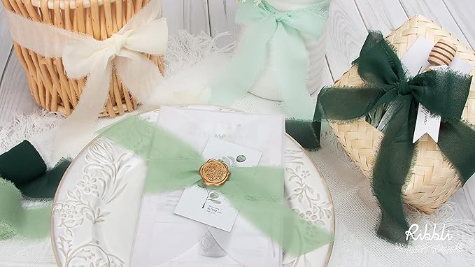 Ribbli Green Chiffon Ribbon1.5 inch x 30 Yard Handmade Silk Ribbon for Wrapping,Ivory Sage Forest Green Fringe Chiffon Ribbon for Wedding Invitations, Bridal Bouquets, Flower Arrangement Decoration