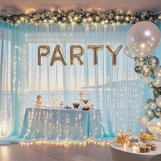 10×8ft Tulle Backdrop Curtains with Lights String - 300LED Fairy Lights Sheer Curtain Backdrop for Weddings Baby Shower and Birthday Party Decorations(6 Panels 5×8ft)