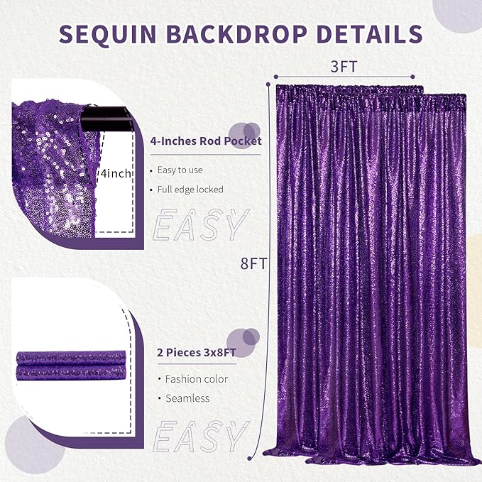 Purple Halloween Backdrop - Sequin Backdrop 2 Pieces 3x8FT Purple Glitter Drapes Fabric for Photography Wedding