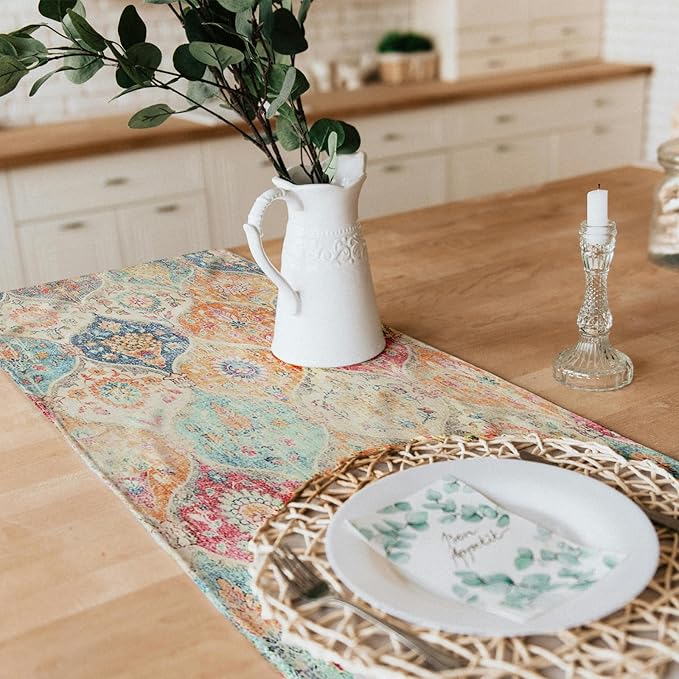 Snycler Table Runner Boho Table Runners Vintage Elegant Farmhouse Table Center Linen Decor for Home Dining Party Entrance (13x108 Inch) Boho-Yellow