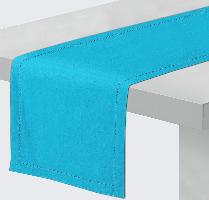 Ruvanti Linen Table Runner 108 Inches, Classic Hemstitch, Washable, Reusable, Non-Slipping, Stain Resistant- Perfect for Parties, Weddings, Dinners, Thanksgiving, Christmas, Indoor use – Blue