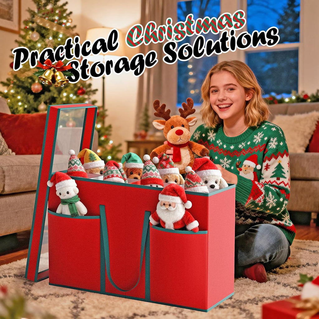Christmas Figurine Storage Box & Nutcracker Storage Containers with Visible Lid for 15-inch Collectibles, Large Holiday Ornament Decor Organizer Keeps 8 Figurines, Xmas Decoration Storage Box, Red