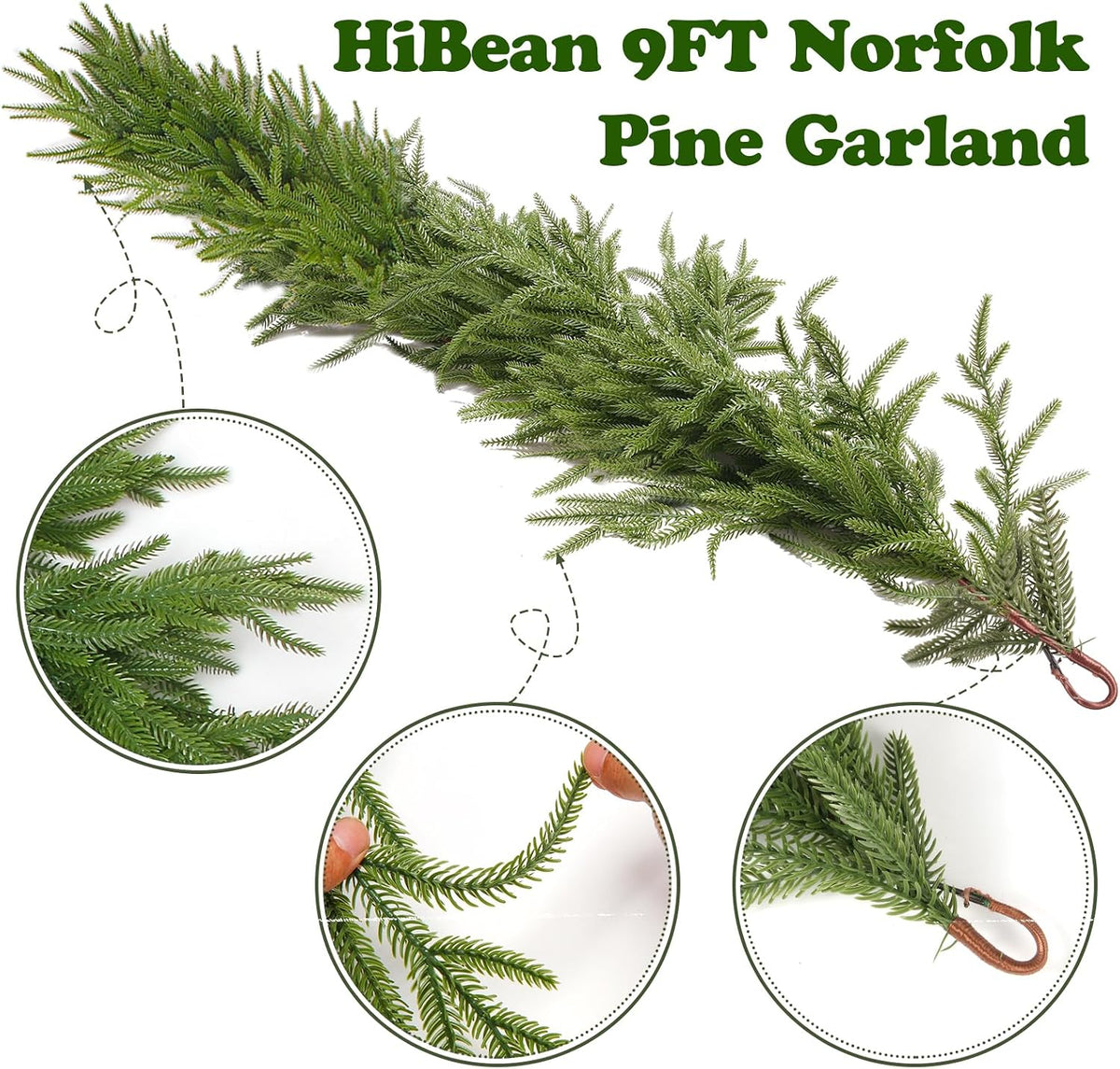 hibean 9ft christmas garland, real touch norfolk pine, side view