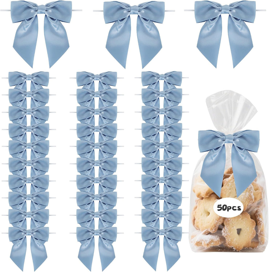 TONIFUL 50pcs Dusty Blue Satin Ribbon Bows with Twist Tie, 4.5 Inch Decorative Bows for Gift Wrapping, Treat Bags, Crafts, Bottles, Christmas Tree, Wedding, Baby Shower, Birthday Party Decorations