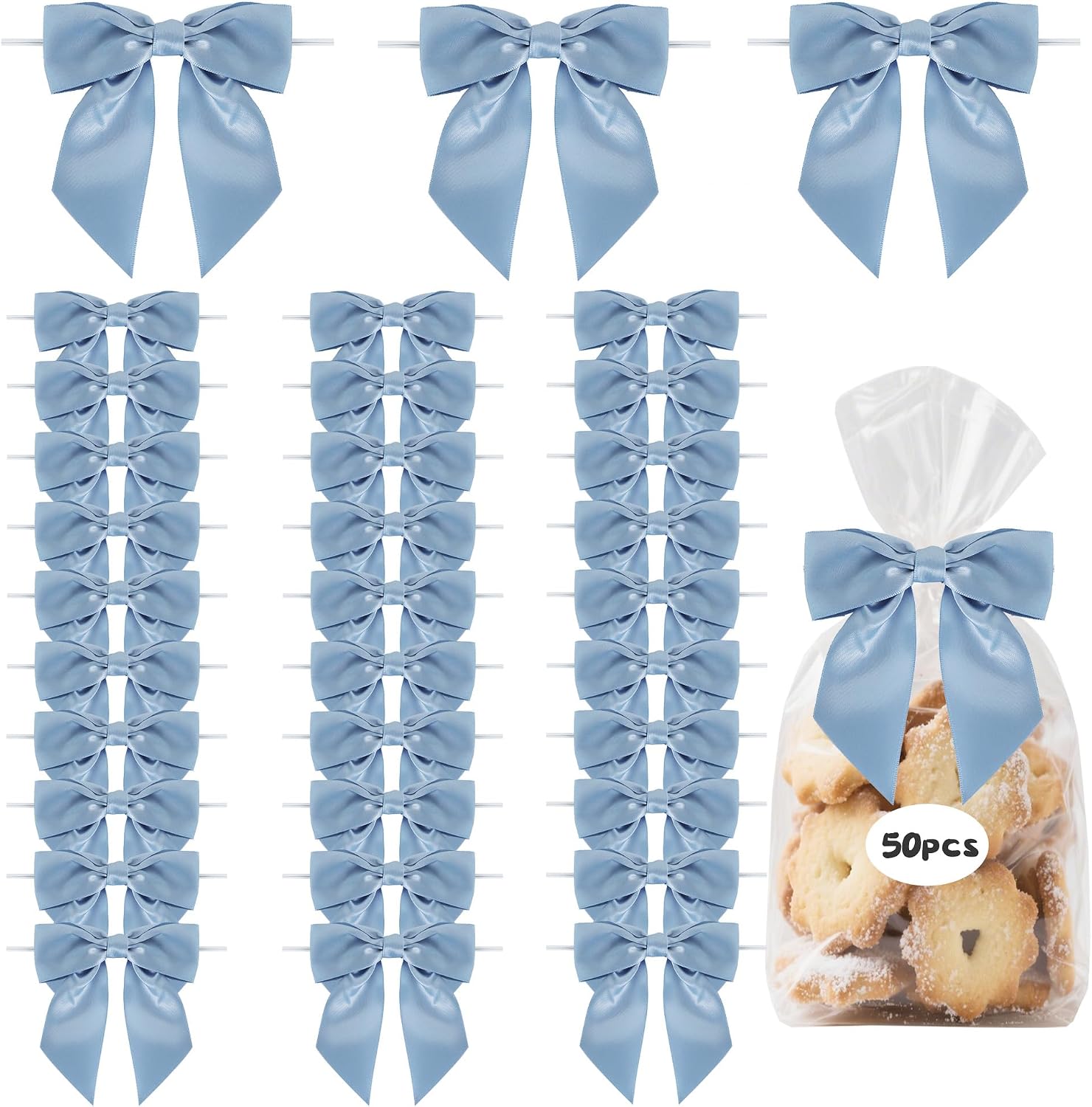 TONIFUL 50pcs Dusty Blue Satin Ribbon Bows with Twist Tie, 4.5 Inch Decorative Bows for Gift Wrapping, Treat Bags, Crafts, Bottles, Christmas Tree, Wedding, Baby Shower, Birthday Party Decorations