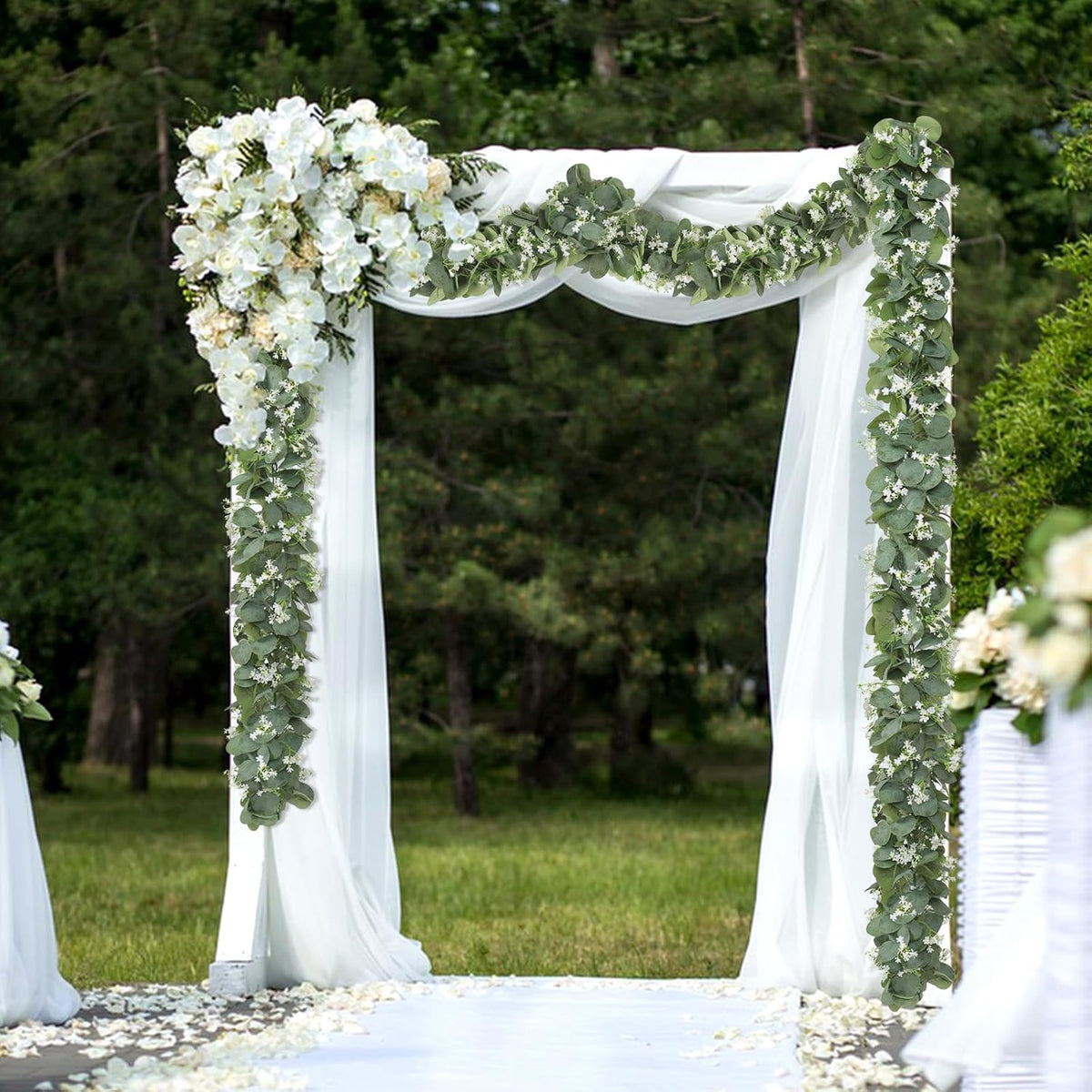 eucalyptus garland with white flowers 4 packs 5.9ft shown in use