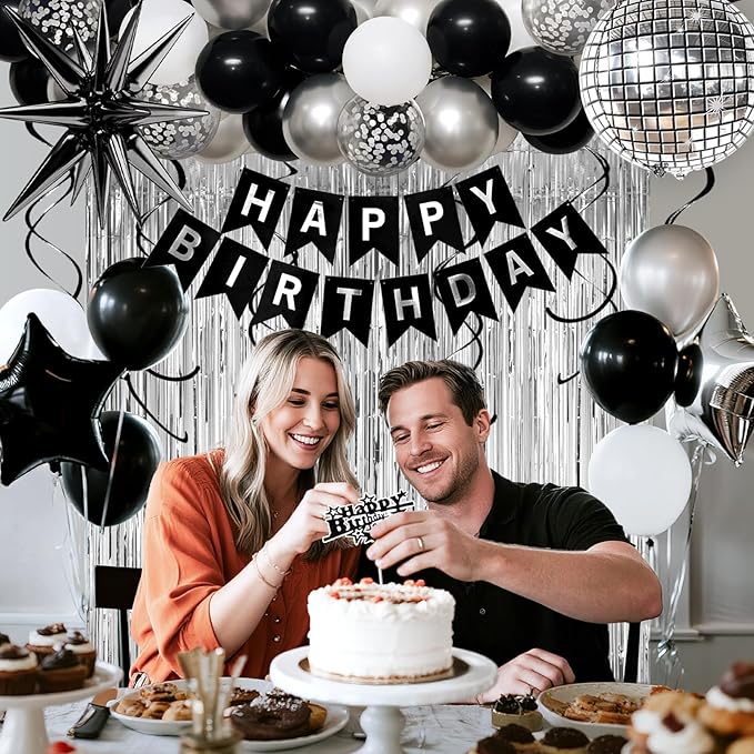 36th Birthday Decorations for Men Women, Black Silver Happy Birthday Party Decorations， 36 Year Old Party Supplies with Number 36 Balloons, Banner, Fringe Curtains Kit