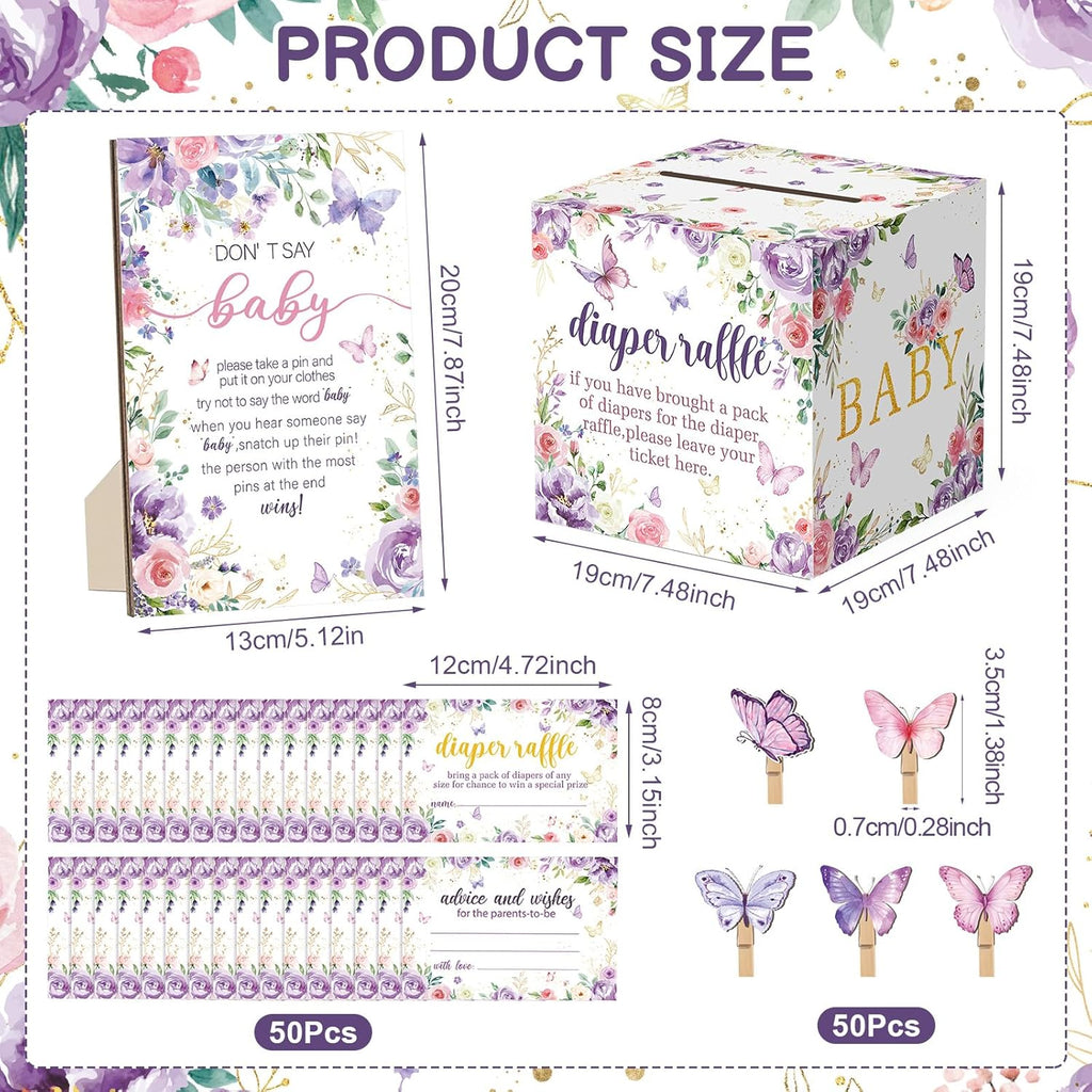 102 Pcs Butterfly Baby Shower Game Supplies Include 50 Diaper Raffle Tickets,1 Diaper Raffle Card Box,1 Don't Say Baby Sign and 50 Mini Butterfly Clothespins for Girls Gender Reveal Party Favors