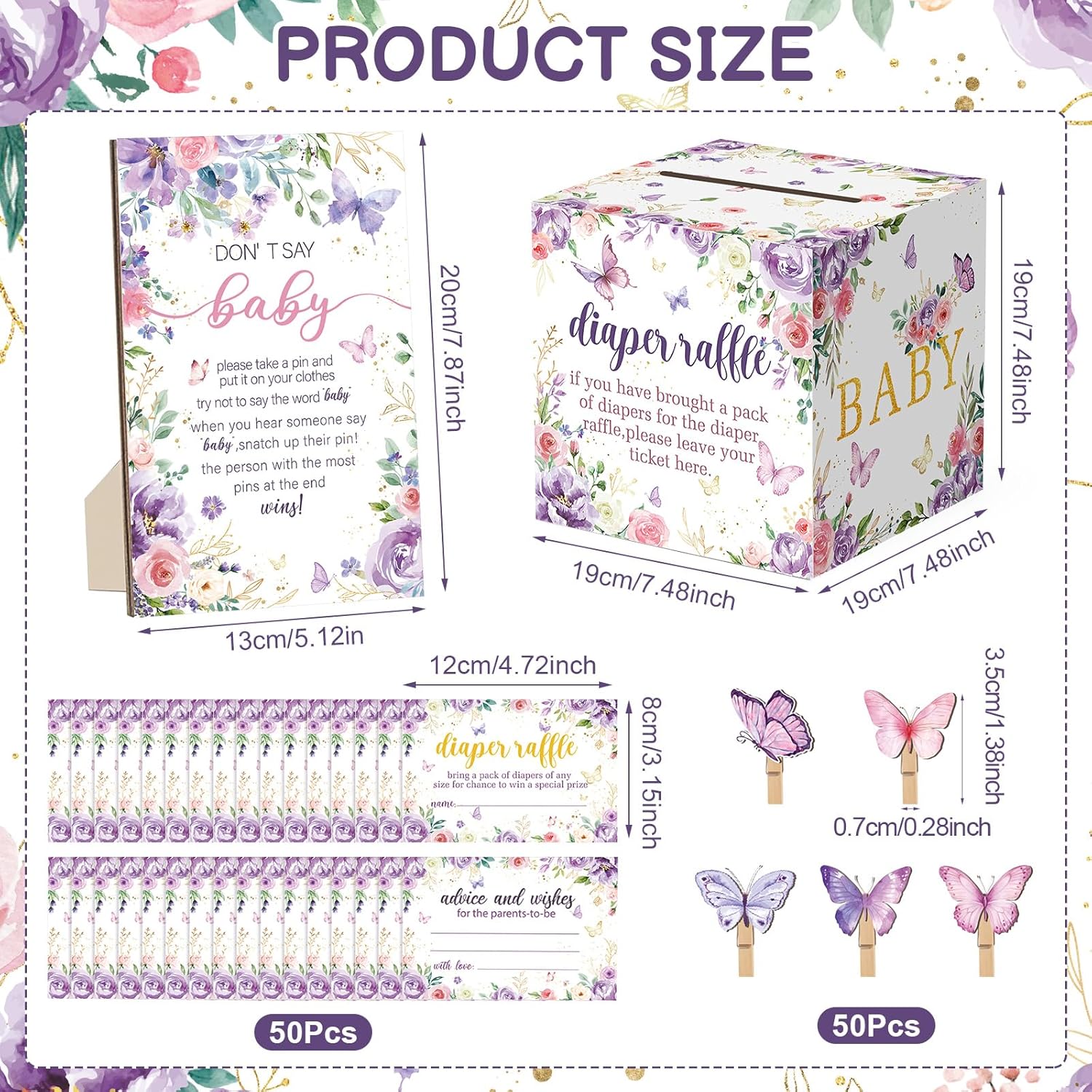 102 Pcs Butterfly Baby Shower Game Supplies Include 50 Diaper Raffle Tickets,1 Diaper Raffle Card Box,1 Don't Say Baby Sign and 50 Mini Butterfly Clothespins for Girls Gender Reveal Party Favors