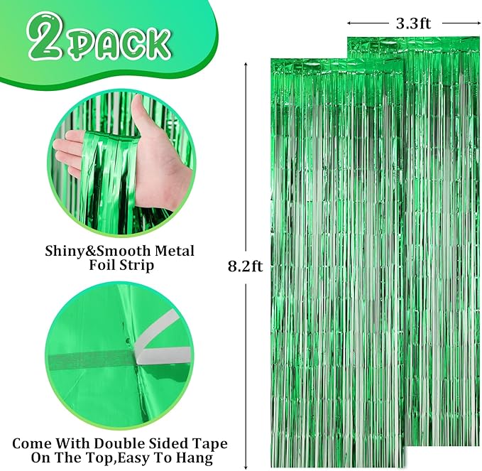 2 Pack Green Foil Fringe Backdrop Curtains, Tinsel Streamers Birthday Party Decorations, Fringe Backdrop for Graduation, Baby Shower, Gender Reveal, Disco Party