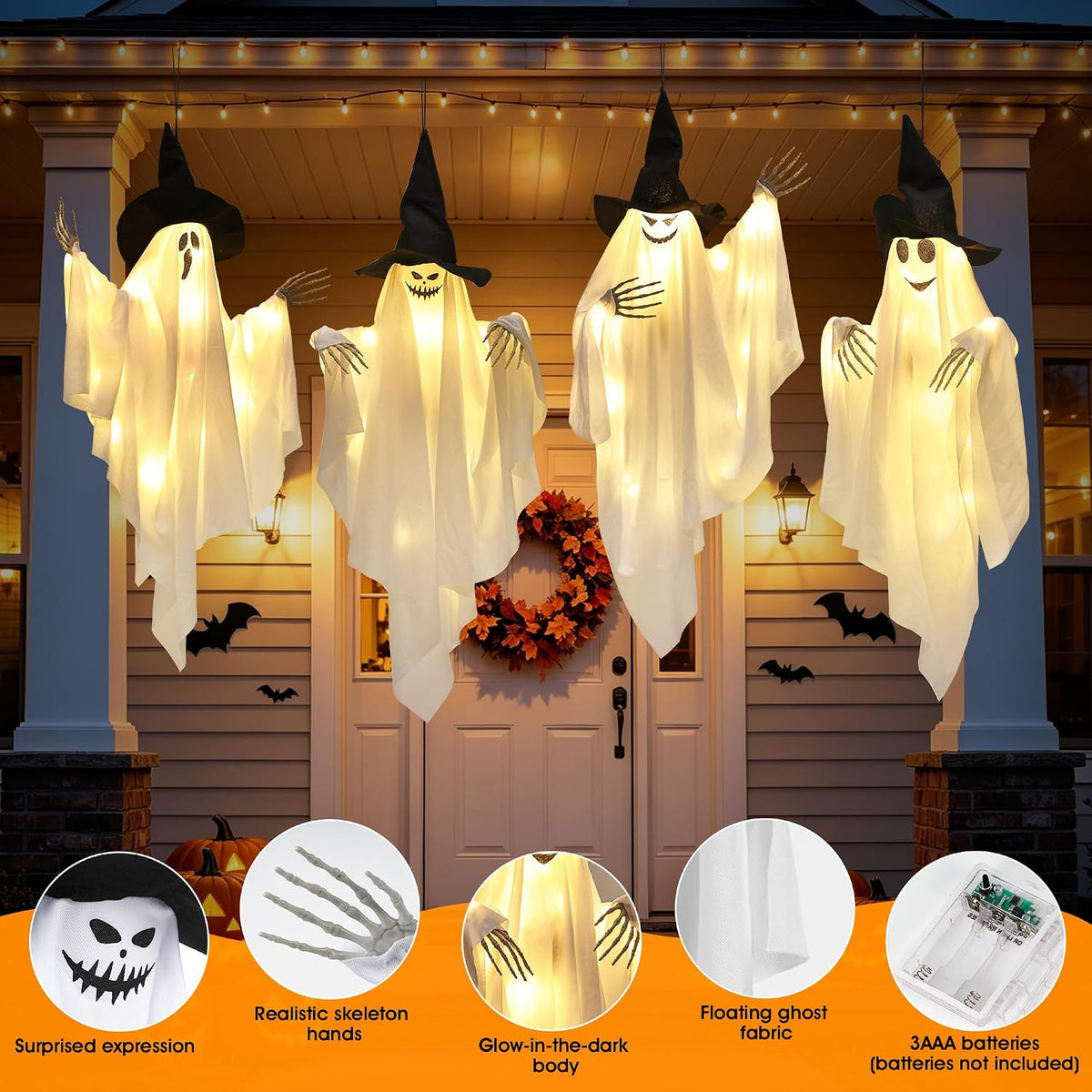 Dusk&Decorum 4 Pack Lighted Hanging Ghost Halloween Decorations with Witc...
