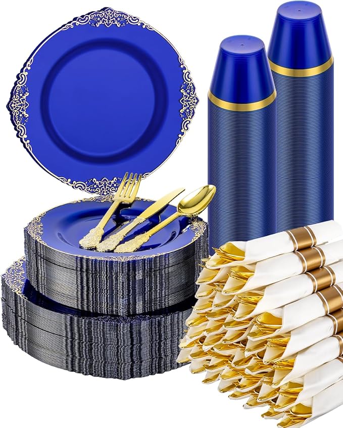 Goodluck 350 Piece Clear Blue Plastic Dinnerware Set for 50 Guests, Fancy Disposable Plates, Include: 100 Blue Rim Plastic Plates, 150 Silverwares, 50 Pre Rolled Napkins, 50 Cups for Party, Wedding