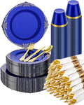 Goodluck 350 Piece Clear Blue Plastic Dinnerware Set for 50 Guests, Fancy Disposable Plates, Include: 100 Blue Rim Plastic Plates, 150 Silverwares, 50 Pre Rolled Napkins, 50 Cups for Party, Wedding