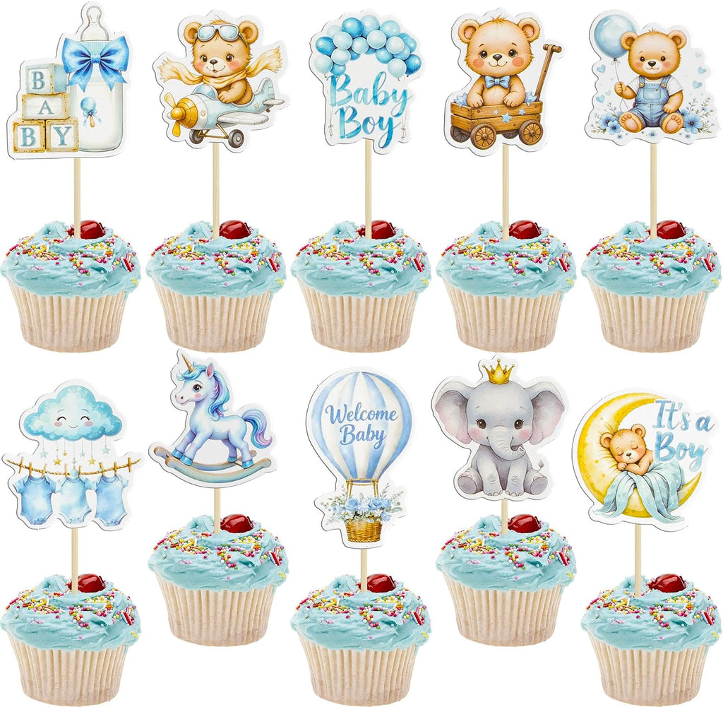 Gyufise 40Pcs Baby Girl Cupcake Toppers Baby Shower Decorations for Girls Rainbow Balloon Elephant Bear It's a Boy Cupcake Picks for Baby Shower Birthday Party Supplies Blue White